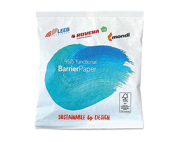 At the Hispack trade fairs in Barcelona, ROVEMA presents Mondi’s Kraftpaper "Functional Barrier 95/5 white Kraft" ; 84 gr/m² with PE coating for frozen food.
